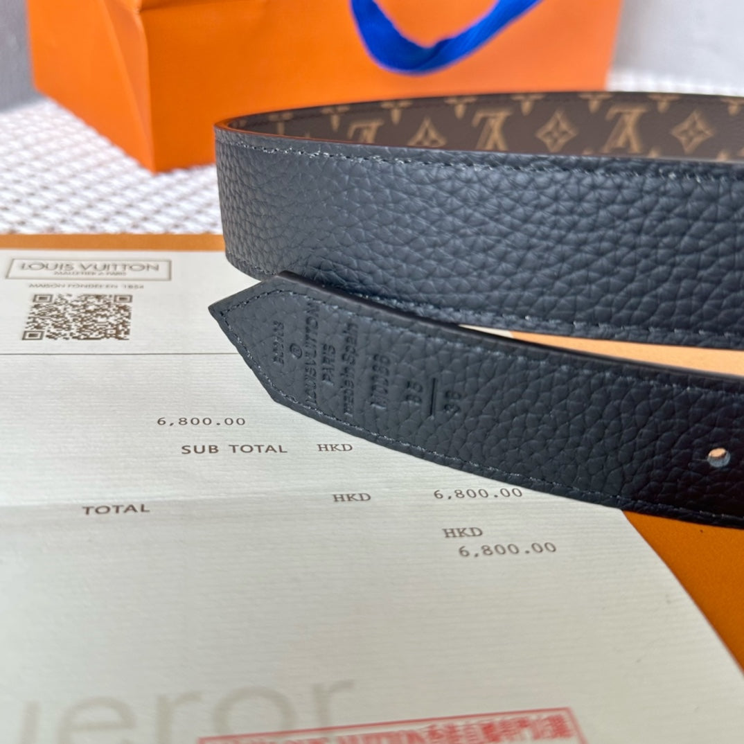 LV FLOWERGRAM 30MM REVERSIBLE BELT IN BLACK CALFSKIN GOLD HARDWARE