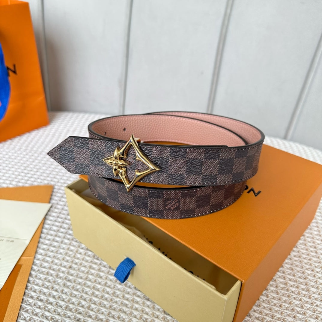 LV FLOWERGRAM 30MM REVERSIBLE BELT IN LIGHT PINK CALFSKIN GOLD HARDWARE