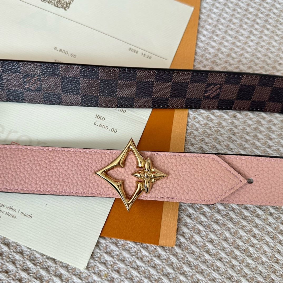 LV FLOWERGRAM 30MM REVERSIBLE BELT IN LIGHT PINK CALFSKIN GOLD HARDWARE