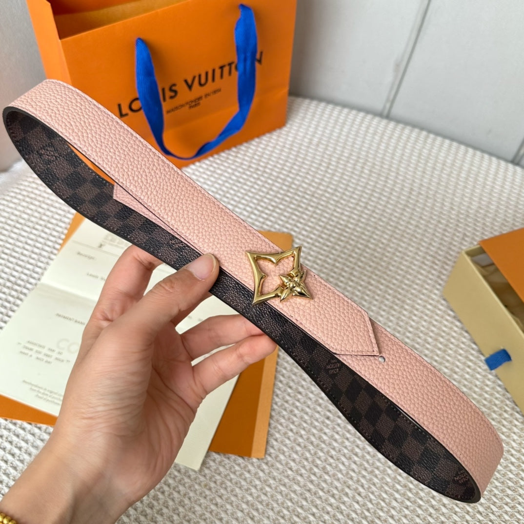 LV FLOWERGRAM 30MM REVERSIBLE BELT IN LIGHT PINK CALFSKIN GOLD HARDWARE