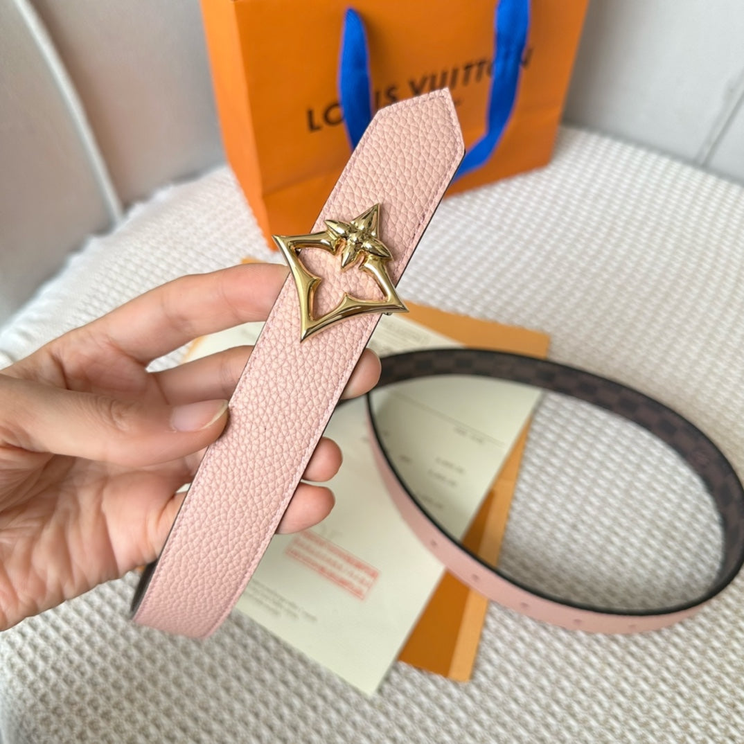 LV FLOWERGRAM 30MM REVERSIBLE BELT IN LIGHT PINK CALFSKIN GOLD HARDWARE
