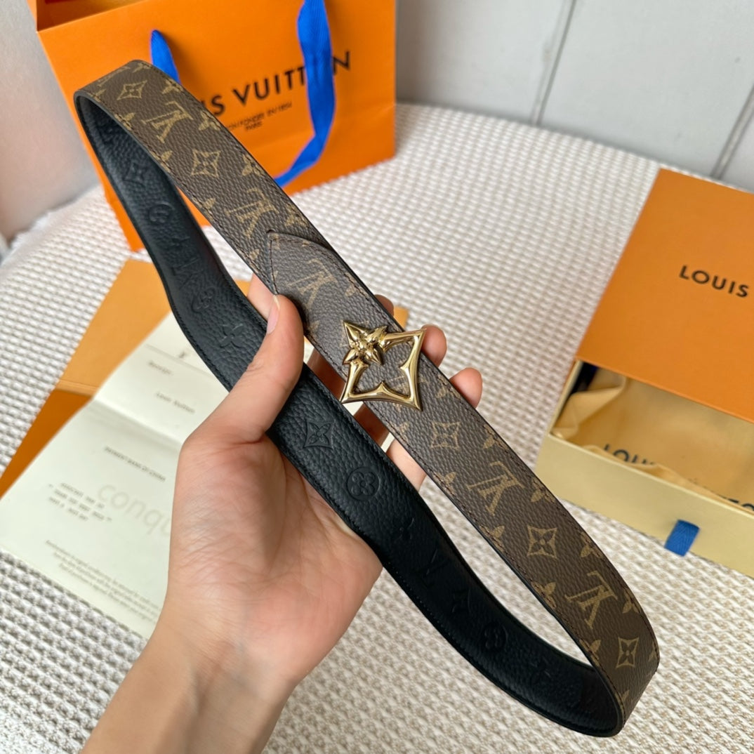 LV FLOWERGRAM 30MM REVERSIBLE BELT IN BLACK EMBOSSED CALFSKIN GOLD HARDWARE