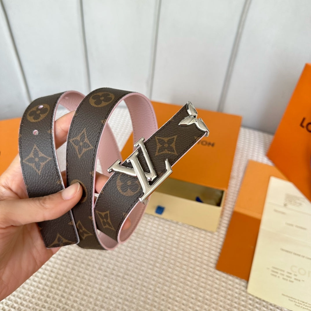 PRETTY LV 30MM REVERSIBLE BELT IN LIGHT PINK CALFSKIN SILVER HARDWARE