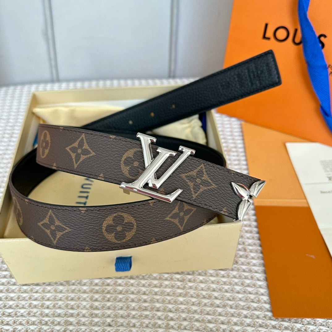PRETTY LV 30MM REVERSIBLE BELT IN BLACK CALFSKIN SILVER HARDWARE