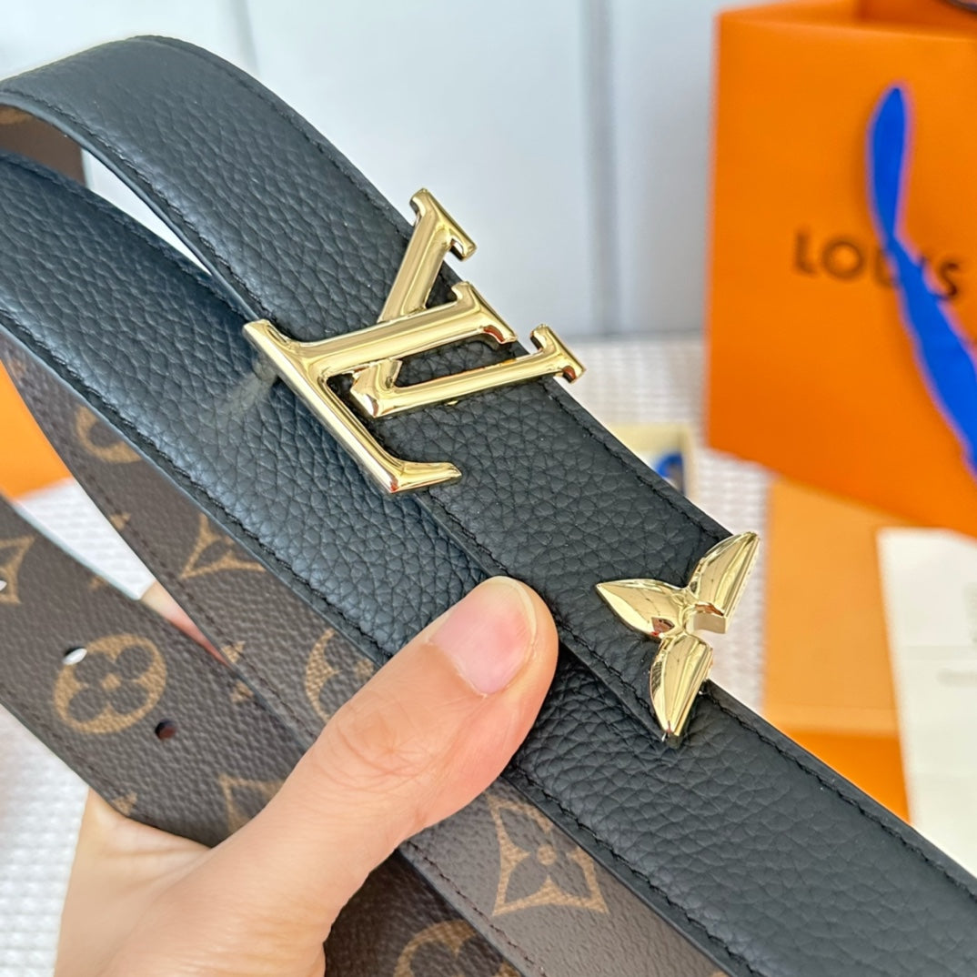 PRETTY LV 30MM REVERSIBLE BELT IN BLACK CALFSKIN GOLD HARDWARE