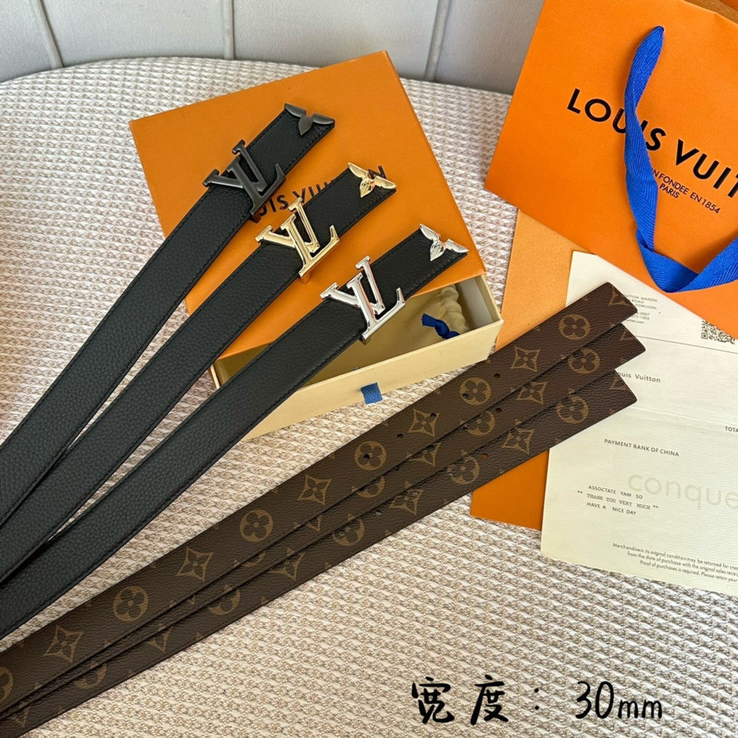 PRETTY LV 30MM REVERSIBLE BELT IN BLACK CALFSKIN GOLD HARDWARE