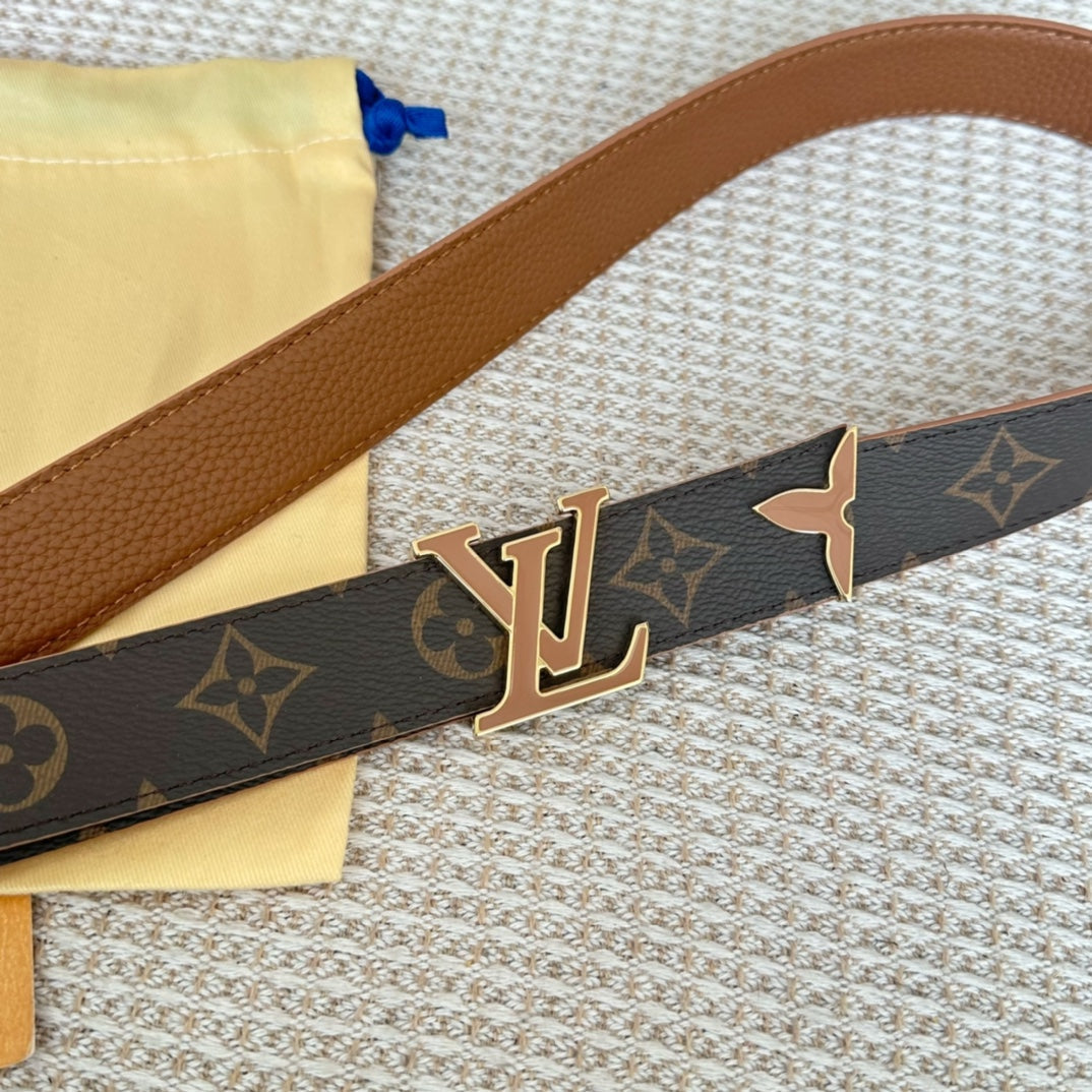 Pretty LV 30mm Reversible Belt Tan Gold Buckle Tan Brown Leather