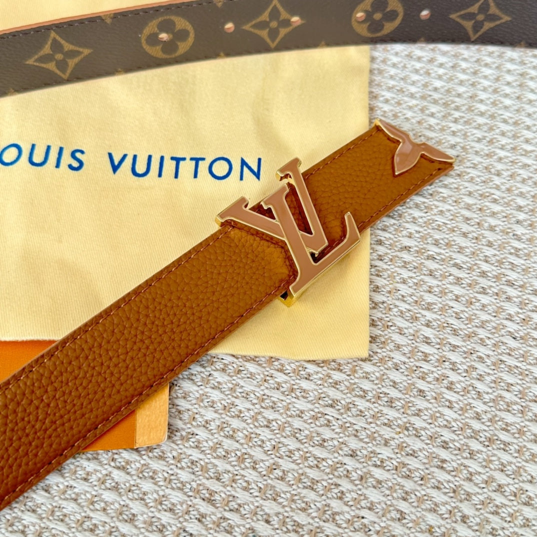 Pretty LV 30mm Reversible Belt Tan Gold Buckle Tan Brown Leather