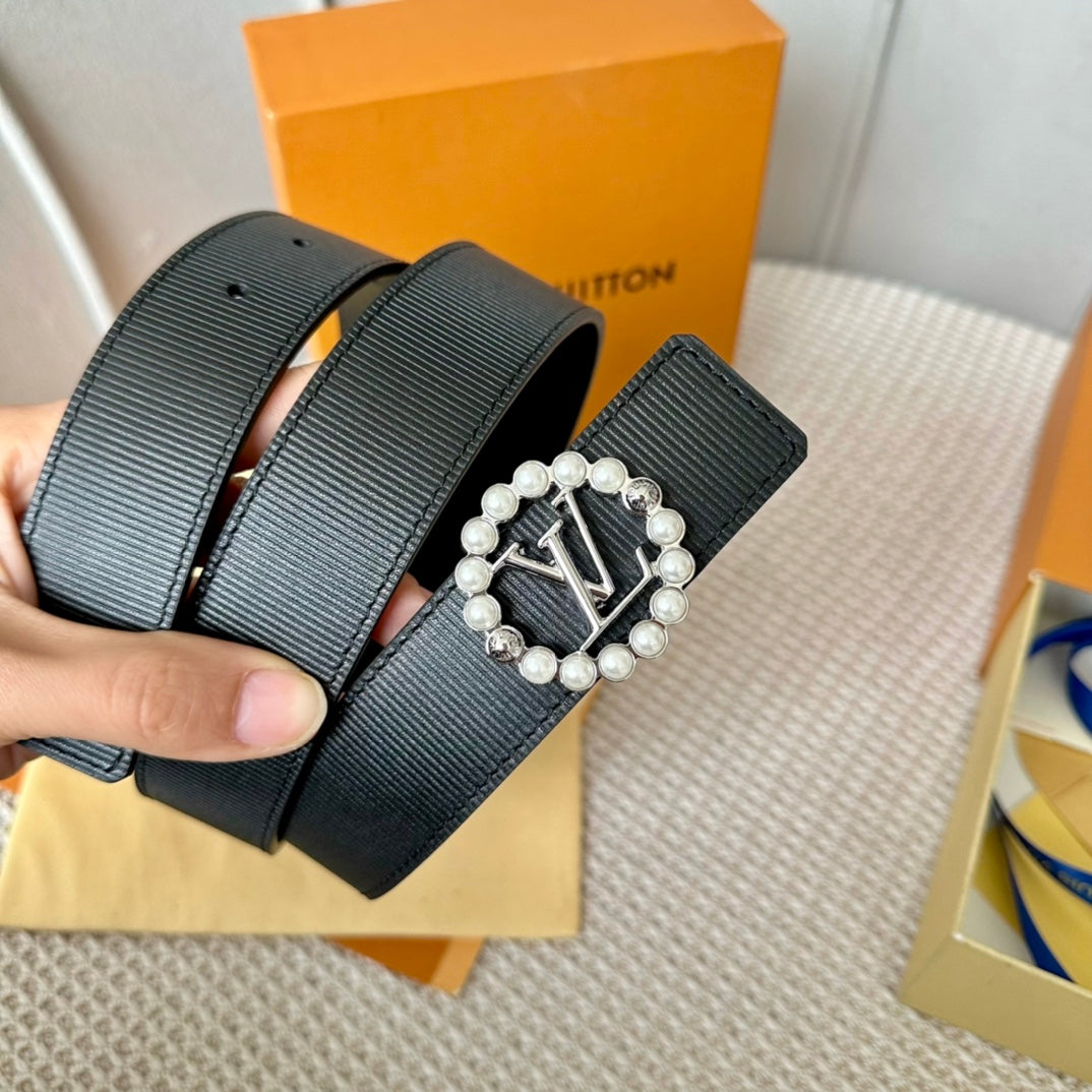 LV CIRCLE PEARL 35MM REVERSIBLE BELT IN BLACK CALFSKIN SILVER HARDWARE