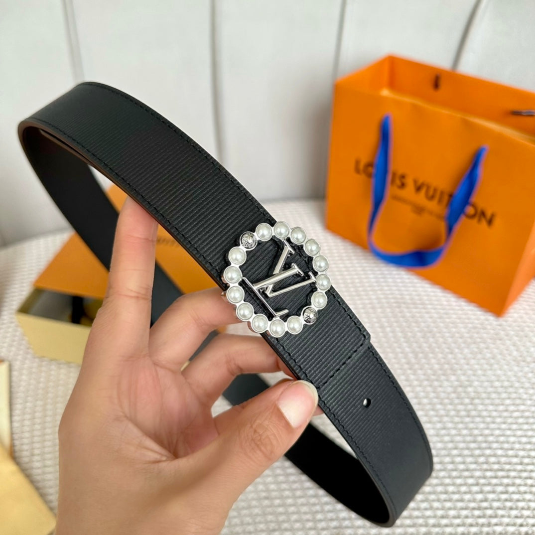 LV CIRCLE PEARL 35MM REVERSIBLE BELT IN BLACK CALFSKIN SILVER HARDWARE