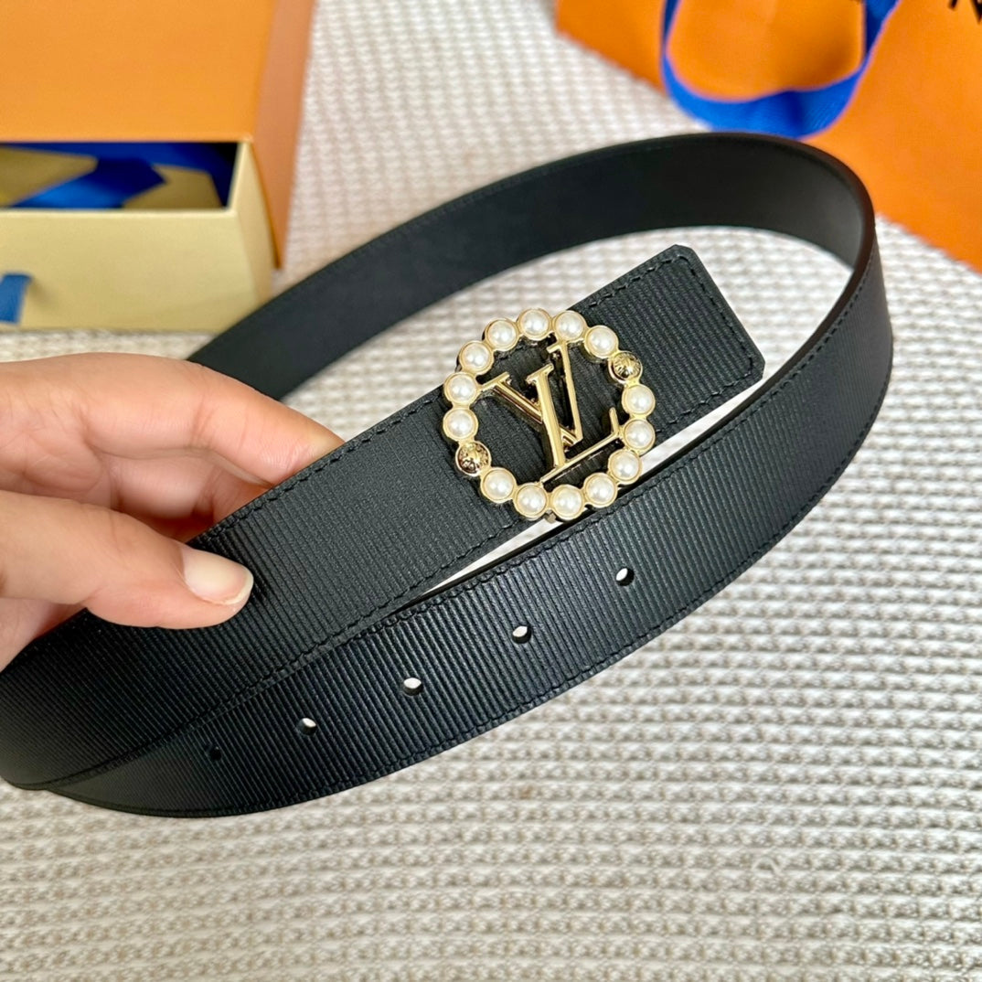 LV CIRCLE PEARL 35MM REVERSIBLE BELT IN BLACK CALFSKIN GOLD HARDWARE