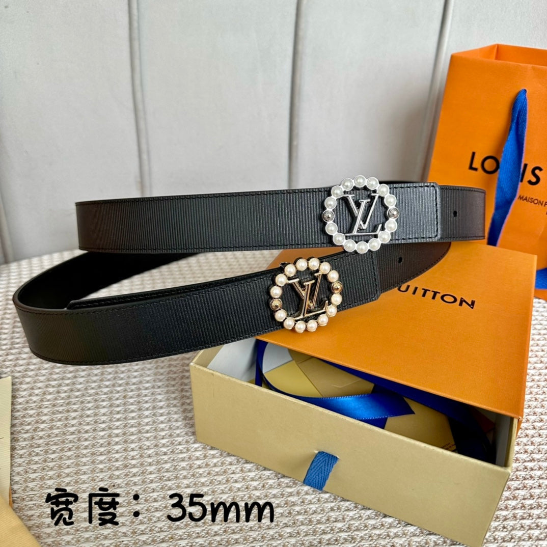LV CIRCLE PEARL 35MM REVERSIBLE BELT IN BLACK CALFSKIN GOLD HARDWARE