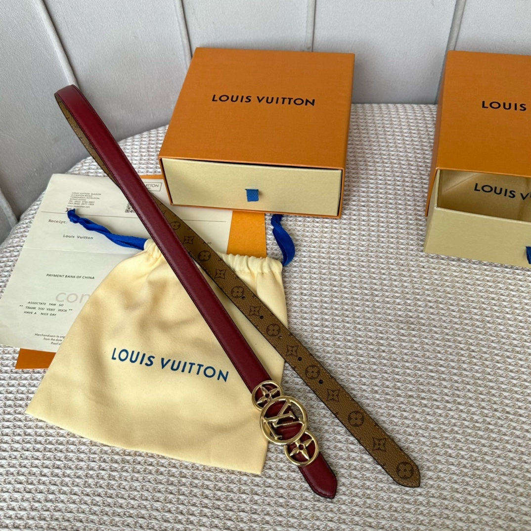 LV S-LOCK BELT 20 MM BROWN MONOGRAM AND AUBURN RED CALFSKIN GOLD HARDWARE