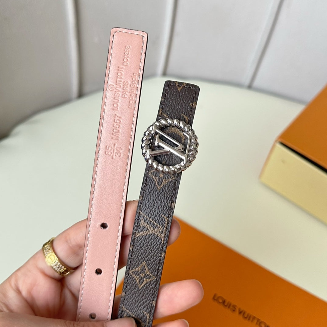 LV Circle Nautical 20mm Reversible Belt Silver Buckle Pink Brown Lambskin