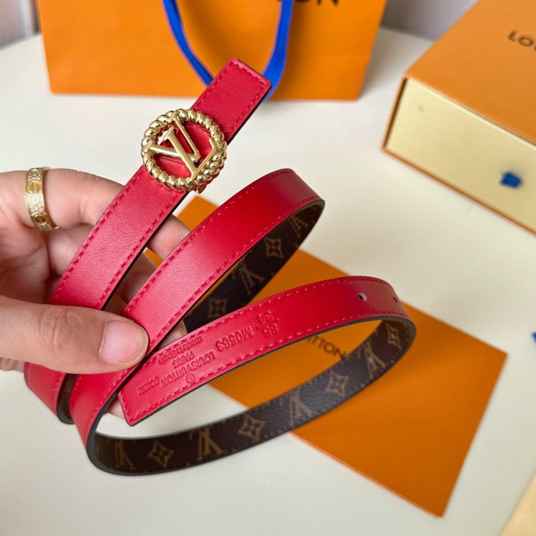 LV Circle Nautical 20mm Reversible Belt Gold Buckle Red Brown Lambskin