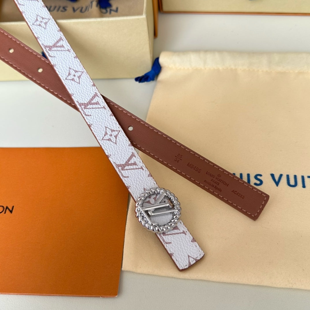 LV Circle Nautical 20mm Reversible Square End Tip Belt Silver Buckle Tan White lambskin