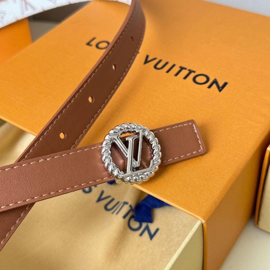 LV Circle Nautical 20mm Reversible Square End Tip Belt Silver Buckle Tan White lambskin