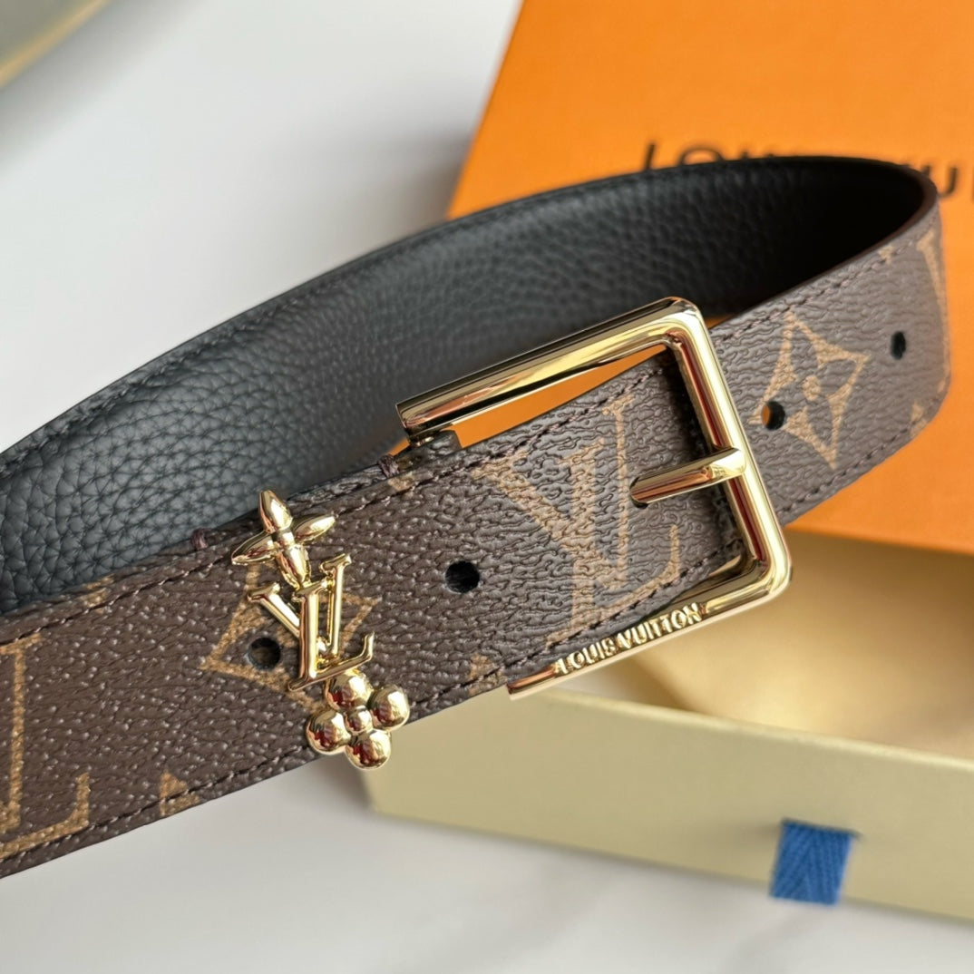 LV Bloom 30mm Belt Gold Buckle Black Brown Leather