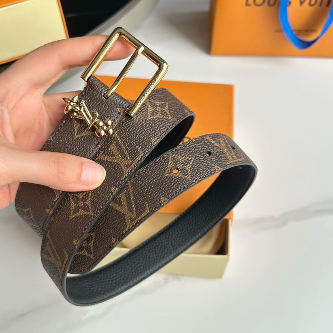LV Bloom 30mm Belt Gold Buckle Black Brown Leather