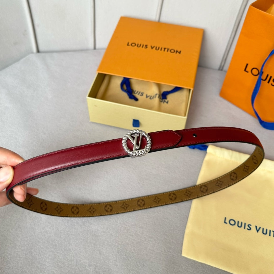LV Circle Nautical 20mm Reversible Belt Silver Buckle Burgundy Light Brown Lambskin