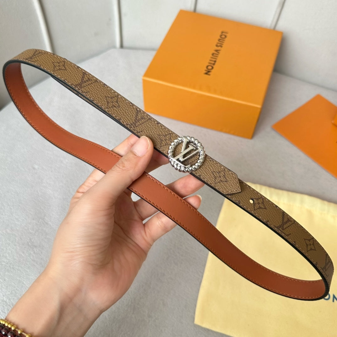 LV Circle Nautical 20mm Reversible Belt Silver Buckle Tan Light Brown Lambskin