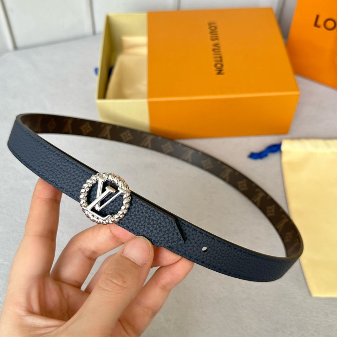 LV Circle Nautical 20mm Reversible Belt Silver Buckle Navy Blue Brown Leather