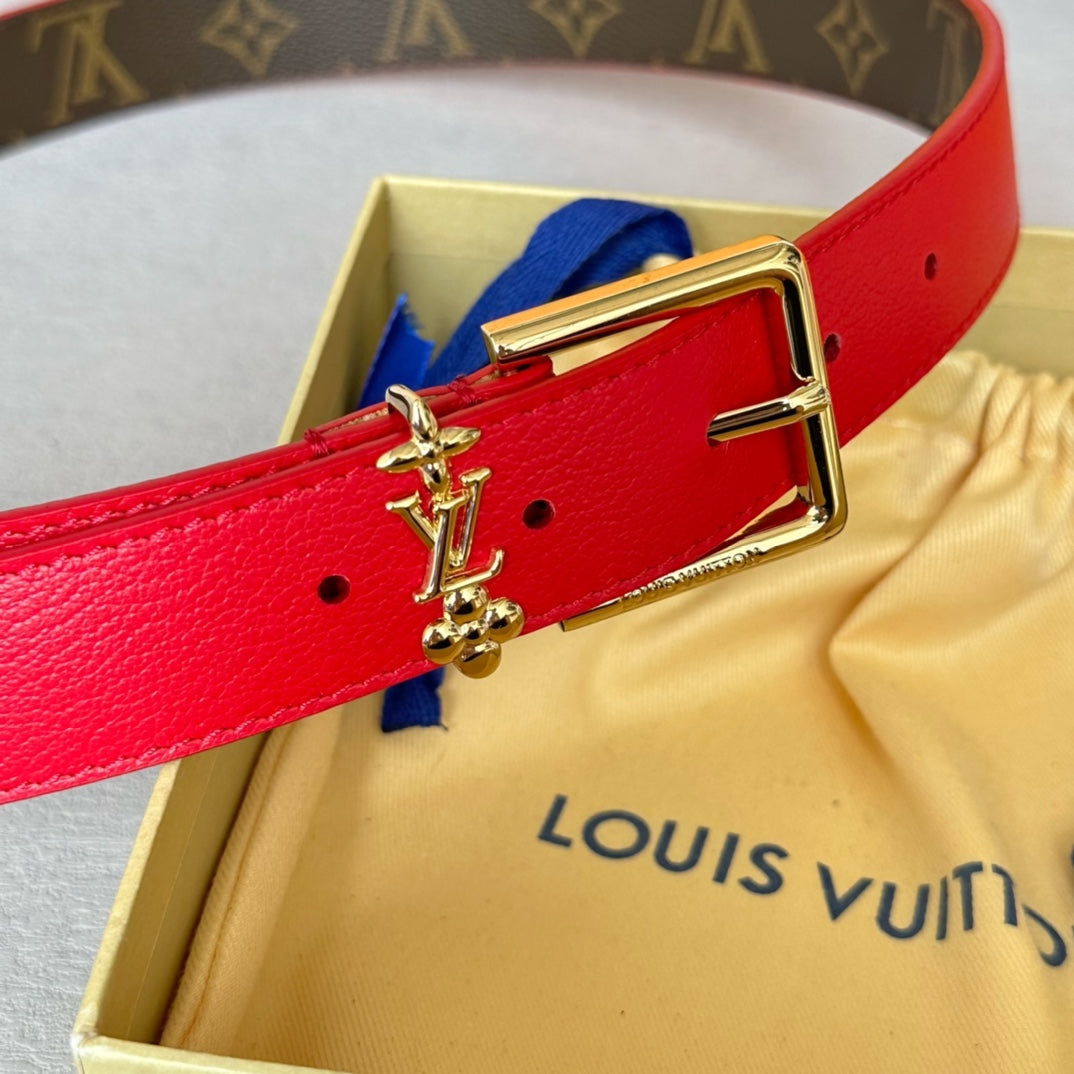 LV Bloom 30mm Belt Gold Buckle Red Brown Leather