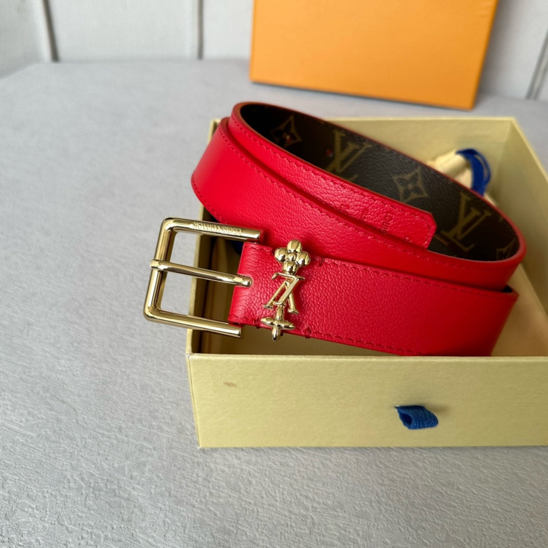 LV Bloom 30mm Belt Gold Buckle Red Brown Leather