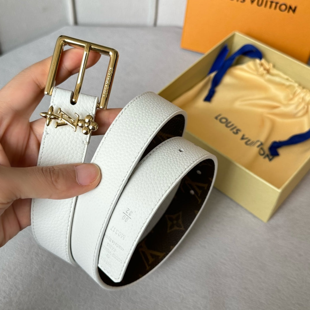 LV Bloom 30mm Belt Gold Buckle White Brown Leather