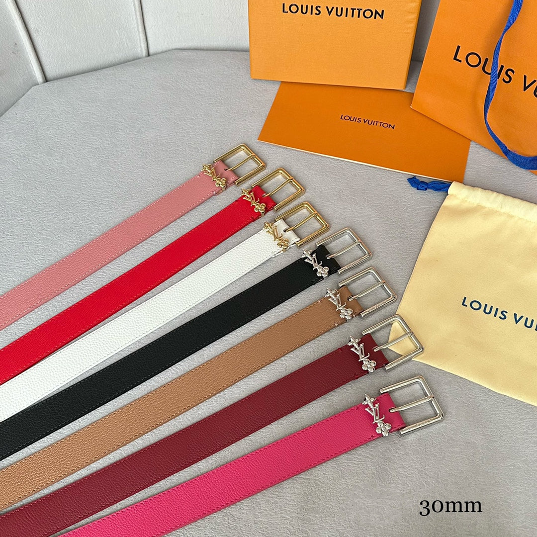 LV Bloom 30mm Belt Gold Buckle White Brown Leather