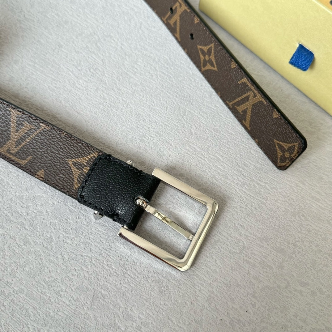 LV Bloom 30mm Belt Silver Buckle Black Brown Leather