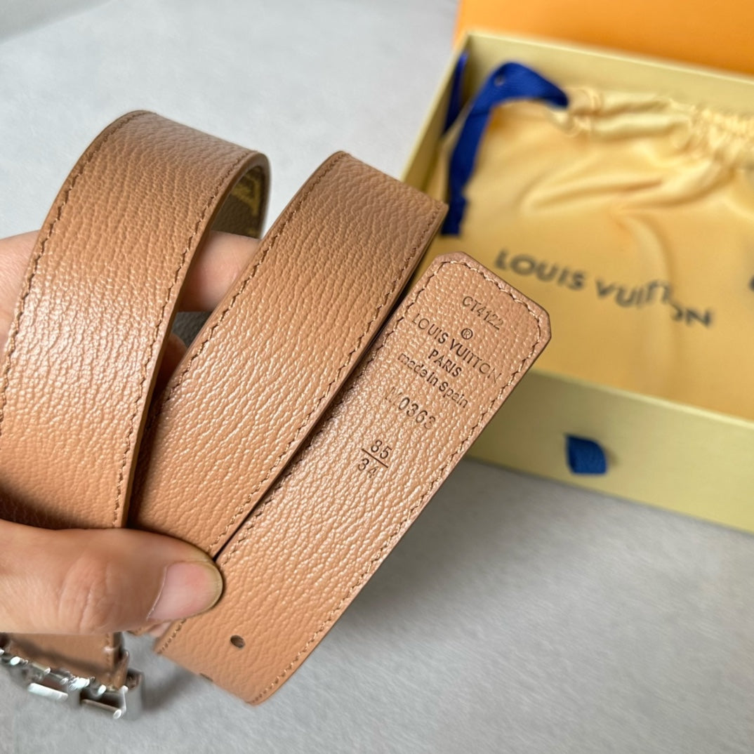 LV Bloom 30mm Belt Silver Buckle Beige Brown Leather