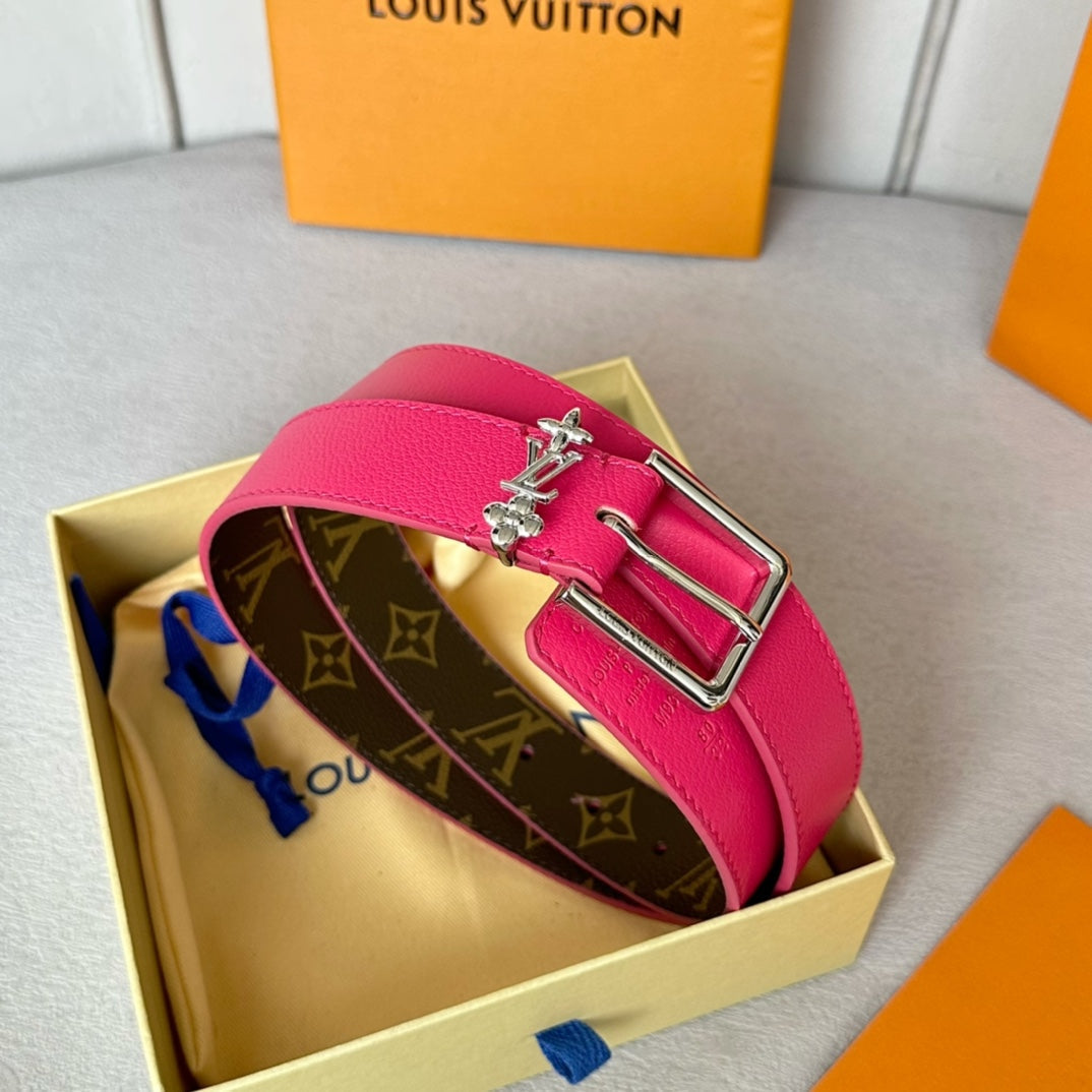 LV Bloom 30mm Belt Silver Buckle Hot Pink Brown Leather