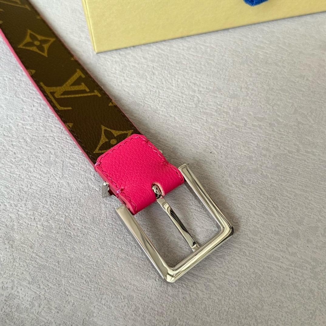 LV Bloom 30mm Belt Silver Buckle Hot Pink Brown Leather