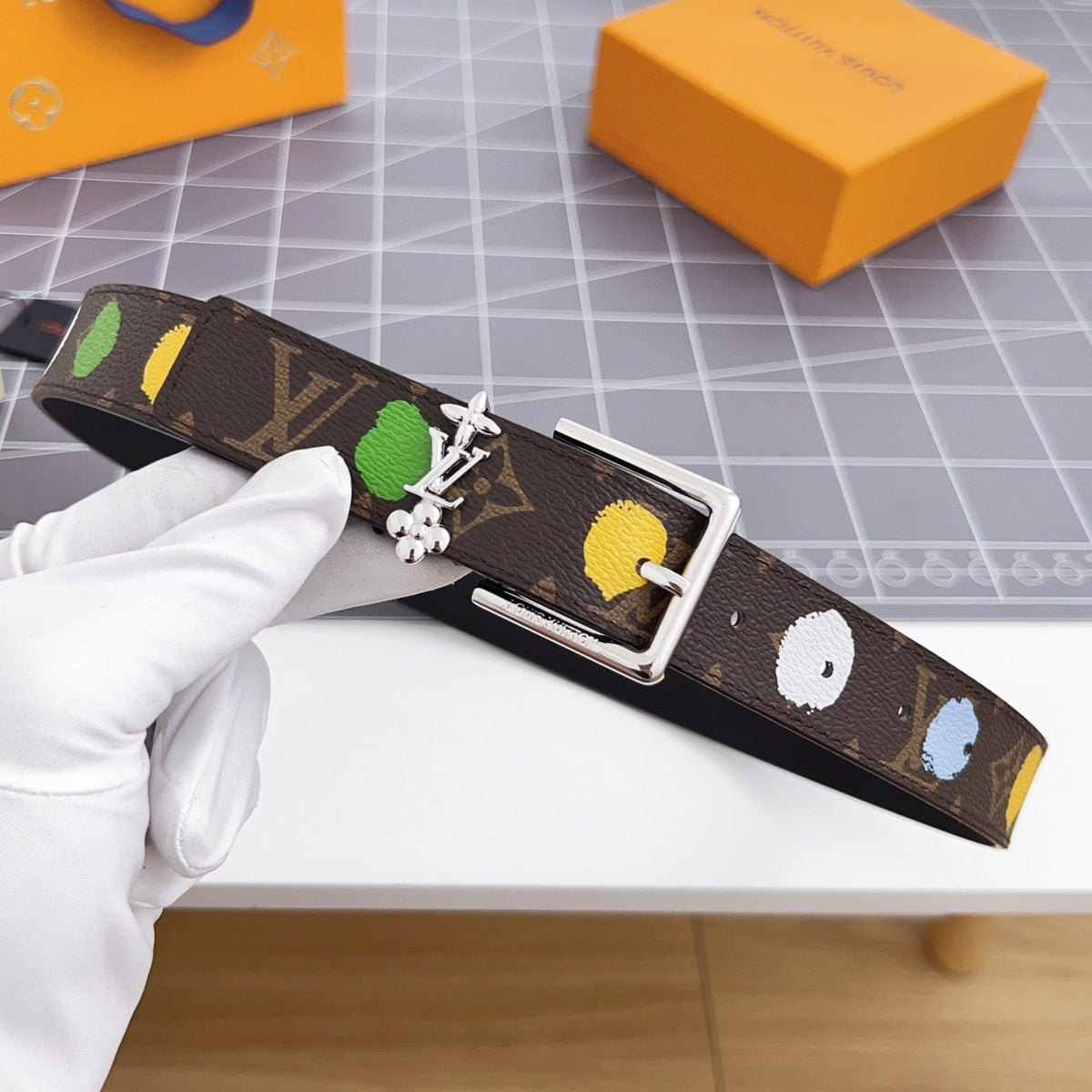 LV Bloom 30mm Mutilcolor Belt Silver Buckle Black Brown Leather