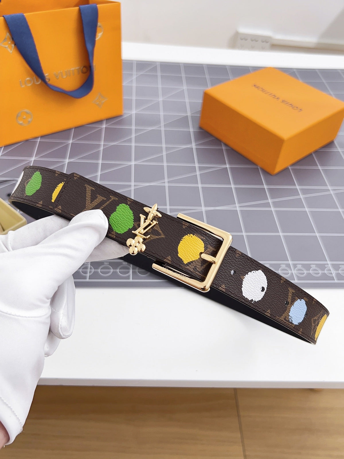 LV Bloom 30mm Mutilcolor Belt Gold Buckle Black Brown Leather