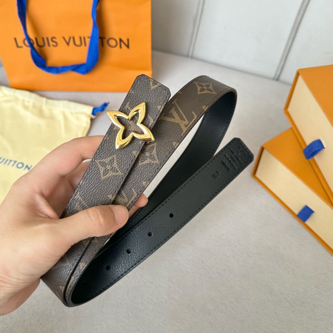 LV Flowergram 30mm Reversible Belt Gold Buckle Black Brown Leather