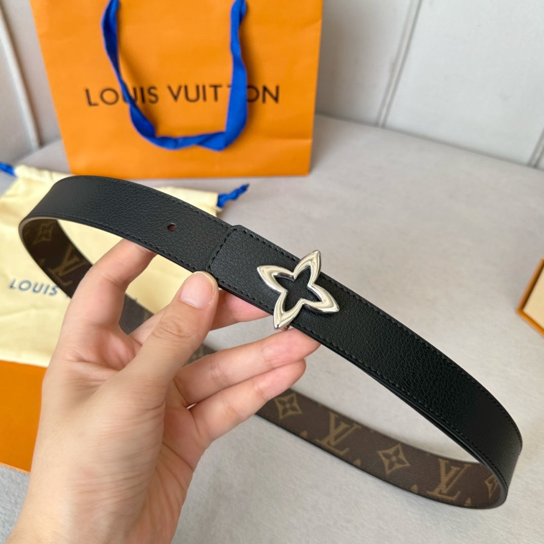 LV  MINI FLOWERGRAM 30MM REVERSIBLE BELT IN BLACK CALFSKIN SILVER HARDWARE