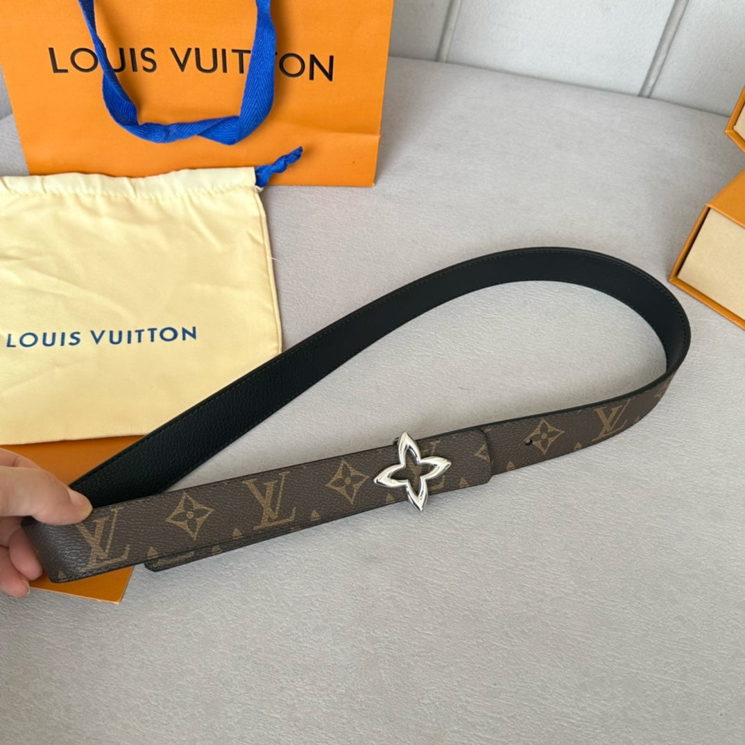 LV  MINI FLOWERGRAM 30MM REVERSIBLE BELT IN BLACK CALFSKIN SILVER HARDWARE