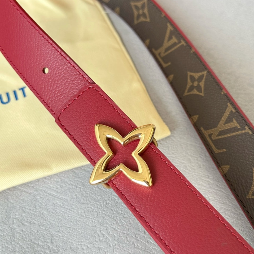 LV  MINI FLOWERGRAM 30MM REVERSIBLE BELT IN BLOOD RED CALFSKIN GOLD HARDWARE