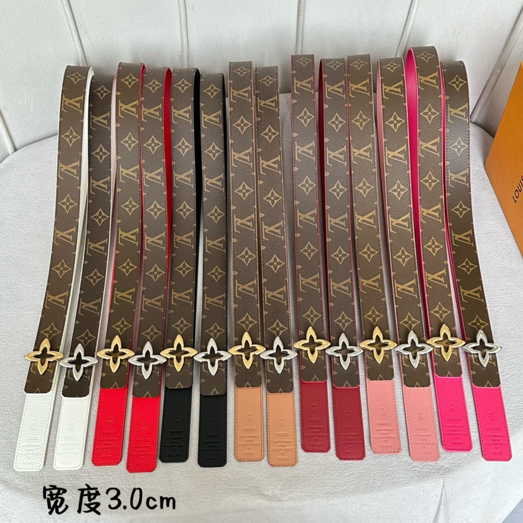 LV  MINI FLOWERGRAM 30MM REVERSIBLE BELT IN BUFF BROWN CALFSKIN SILVER HARDWARE