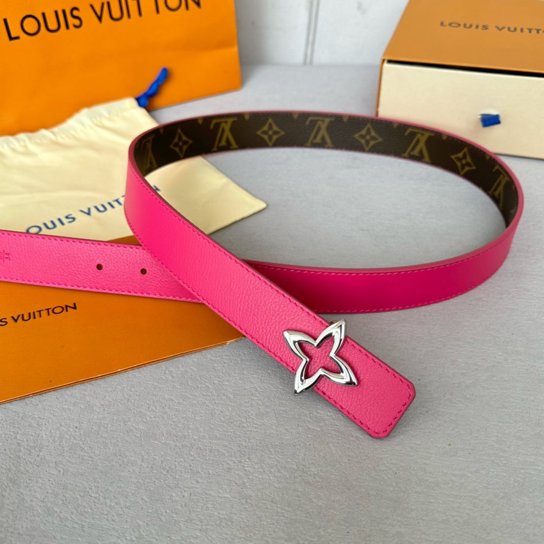 LV Flowergram 30mm Reversible Belt Silver Buckle Hot Pink Brown Leather