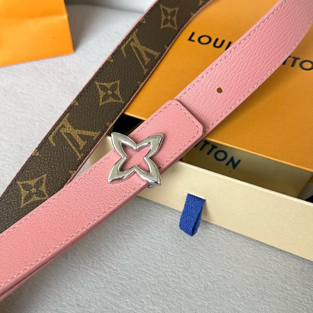 LV Flowergram 30mm Reversible Belt Silver Buckle Pink Brown Leather