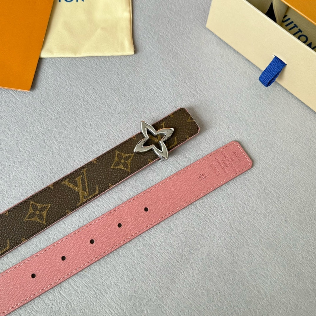 LV Flowergram 30mm Reversible Belt Silver Buckle Pink Brown Leather