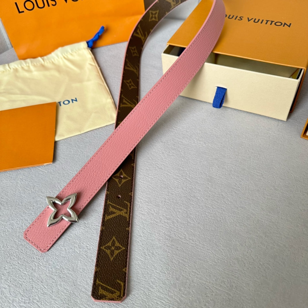 LV Flowergram 30mm Reversible Belt Silver Buckle Pink Brown Leather