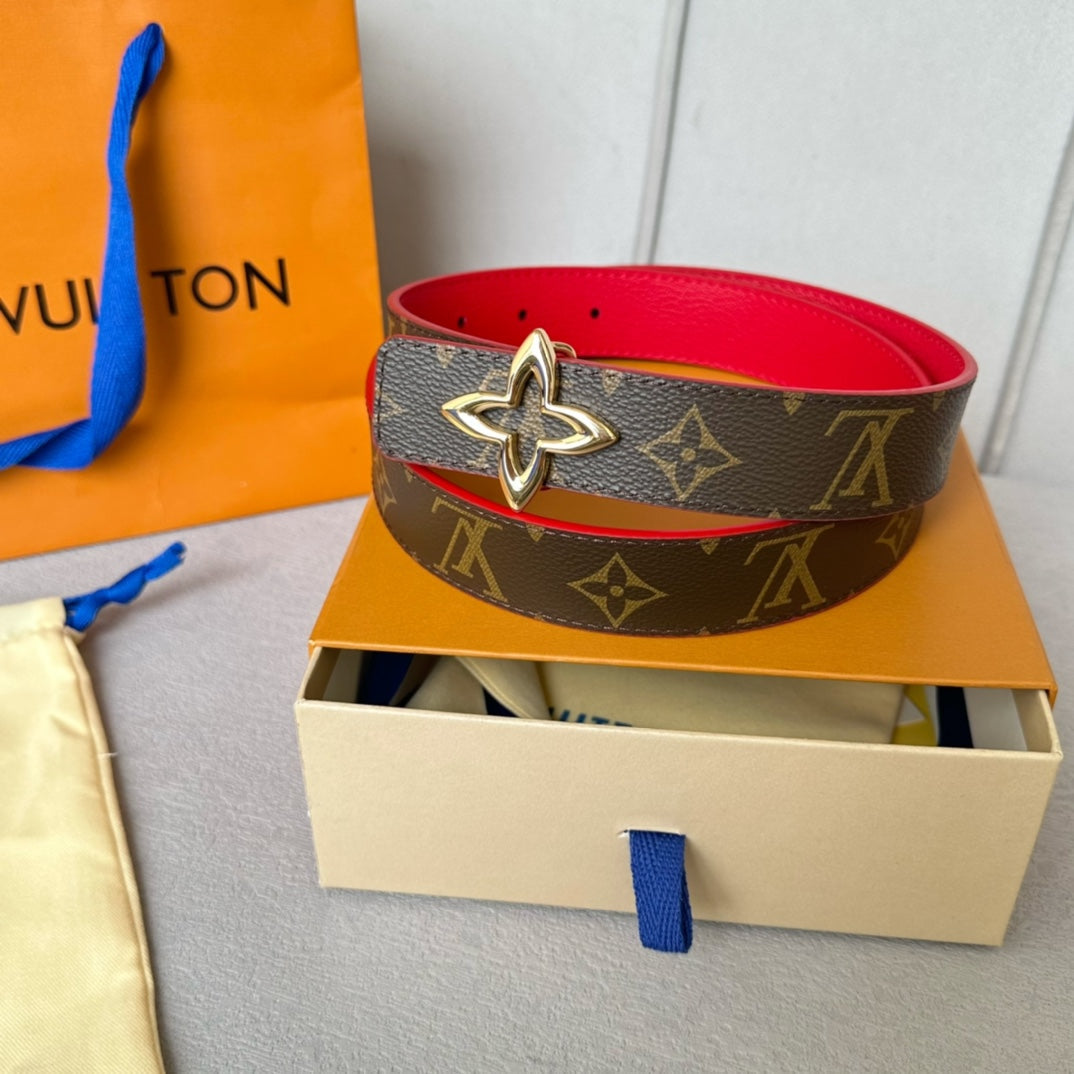 LV Flowergram 30mm Reversible Belt Gold Buckle Red Brown Leather