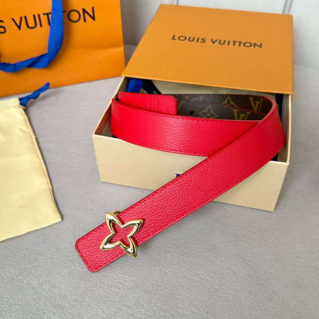 LV Flowergram 30mm Reversible Belt Gold Buckle Red Brown Leather