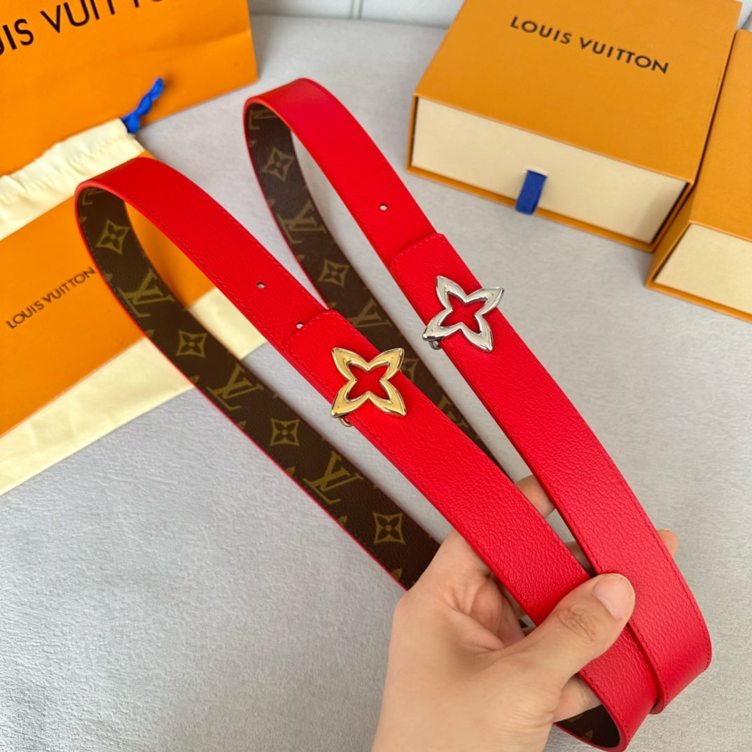 LV Flowergram 30mm Reversible Belt Gold Buckle Red Brown Leather