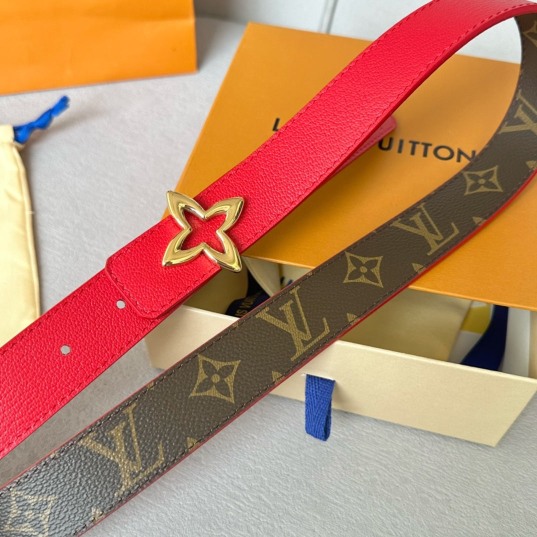 LV Flowergram 30mm Reversible Belt Gold Buckle Red Brown Leather