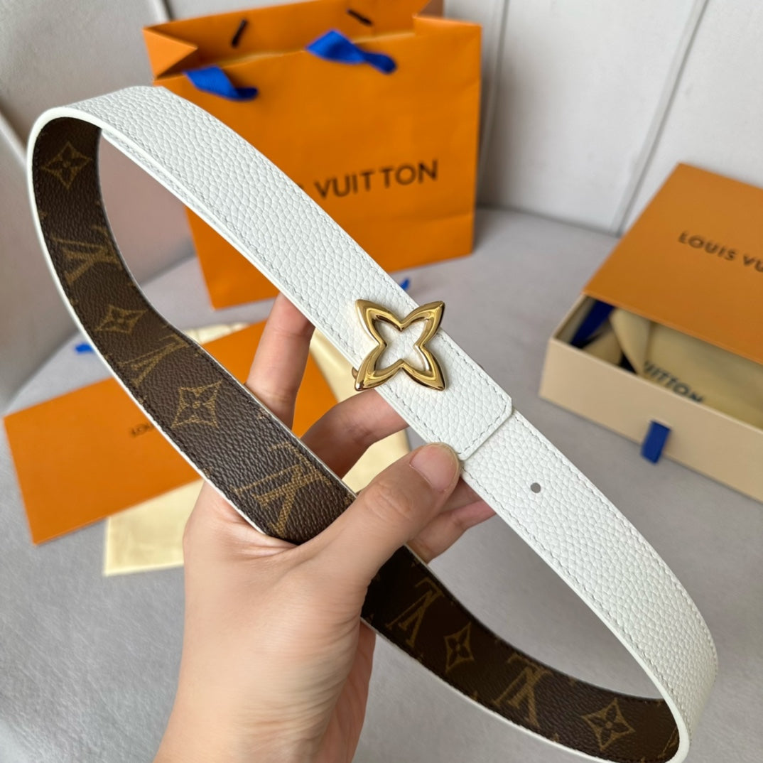LV Flowergram 30mm Reversible Belt Gold Buckle White Brown Leather